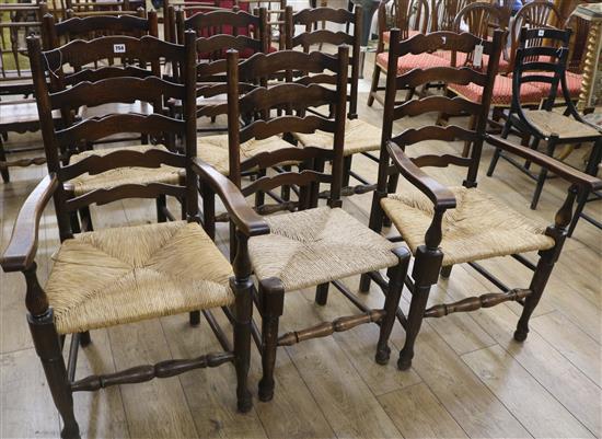 Six rush seat ladder back chairs (4 chairs and 2 carvers)